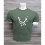 Un chandail vert armé pour homme avec création d'un saxophone ,note de musique et clef de sol en blanc de la marque gildan